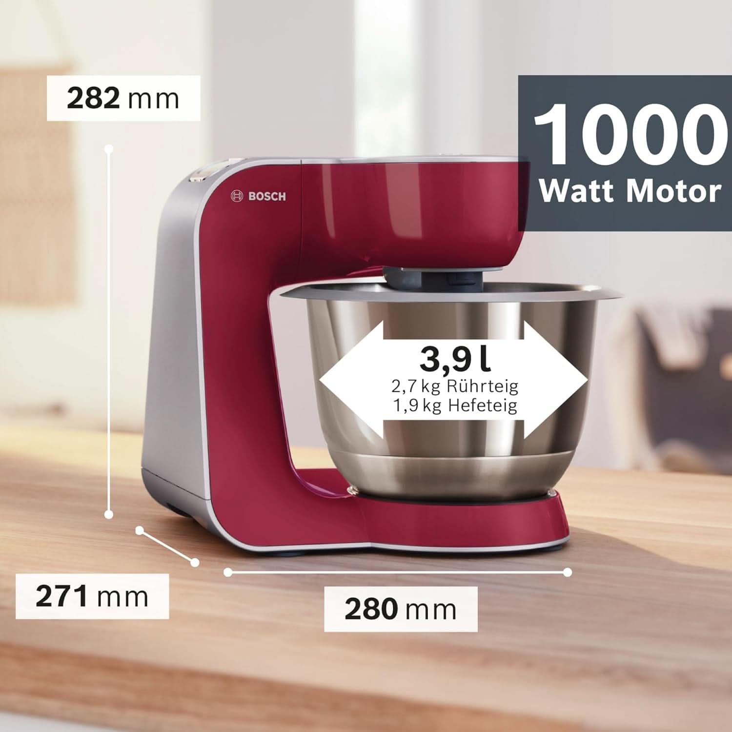 Bosch Küchenmaschine Serie 4 Mum58720,Edelstahl-Schüssel 3,9 L, Mixer 1,25 L, Planetenrührwerk,Knethaken,Schlag,Rührbesen, Durchlaufschnitzler, 3 Scheiben, 1000 W, Dunkelrot/Silber Mama si Copilul Naty Shop