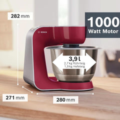 Bosch Küchenmaschine Serie 4 Mum58720,Edelstahl-Schüssel 3,9 L, Mixer 1,25 L, Planetenrührwerk,Knethaken,Schlag,Rührbesen, Durchlaufschnitzler, 3 Scheiben, 1000 W, Dunkelrot/Silber Mama si Copilul Naty Shop