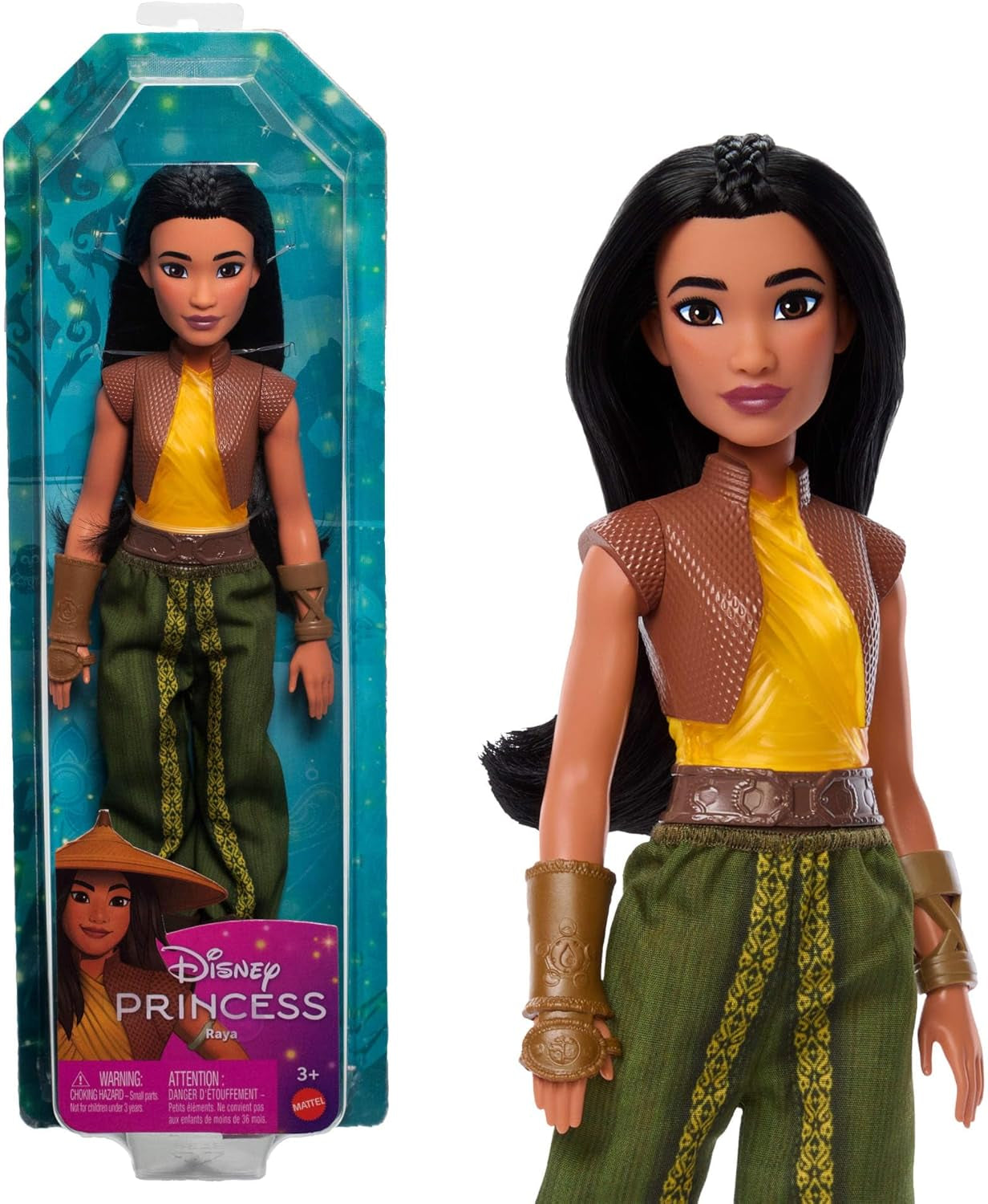 Jucărie Mattel Disney, Păpușă articulată Raya cu haine și accesorii, inspirată din filmul Disney, cadou pentru copii, HLX22