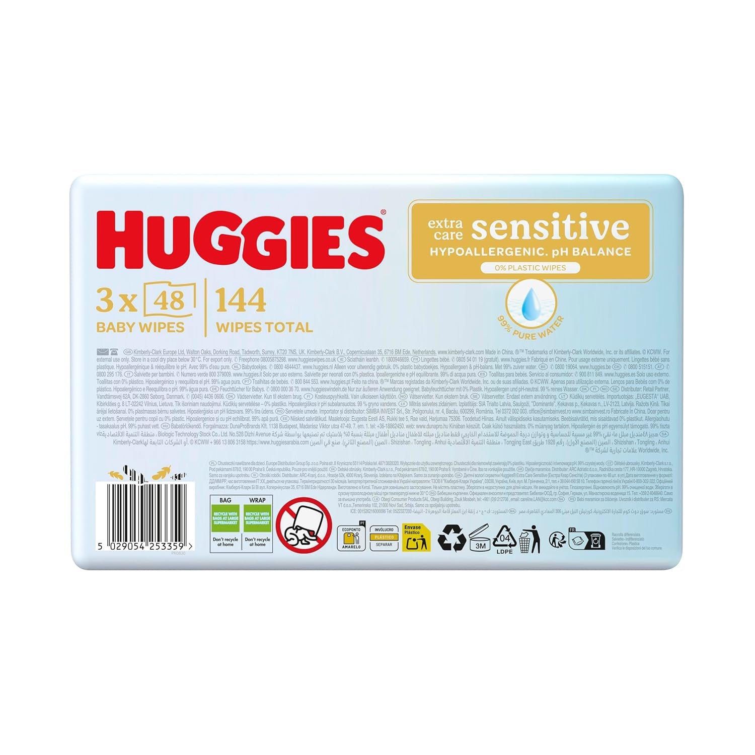 Toallitas para bebés sensibles Huggies Pure Extra Care, 99 % agua, sin plástico, sin fragancia