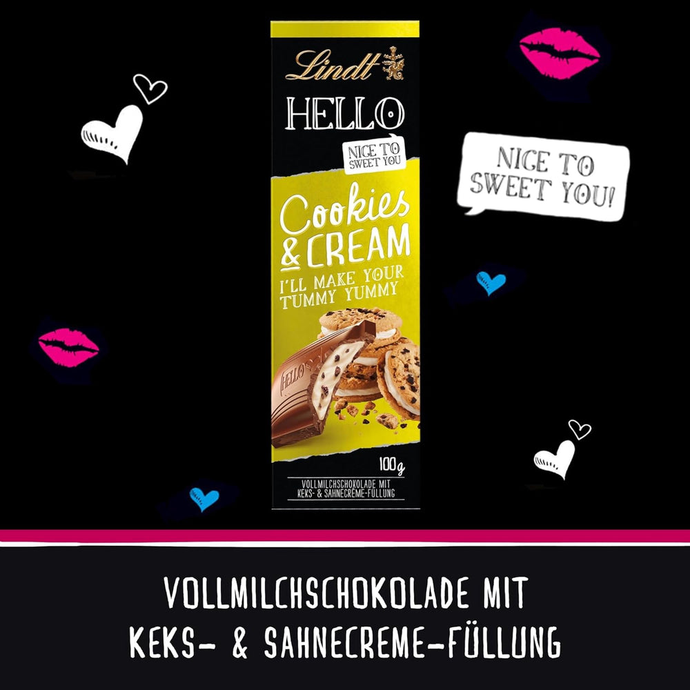 Lindt Hello Galletas y chocolate con crema | Barra 100g | Chocolate con Leche con Relleno de Galletas y Crema | Barra de chocolate | regalo de chocolate