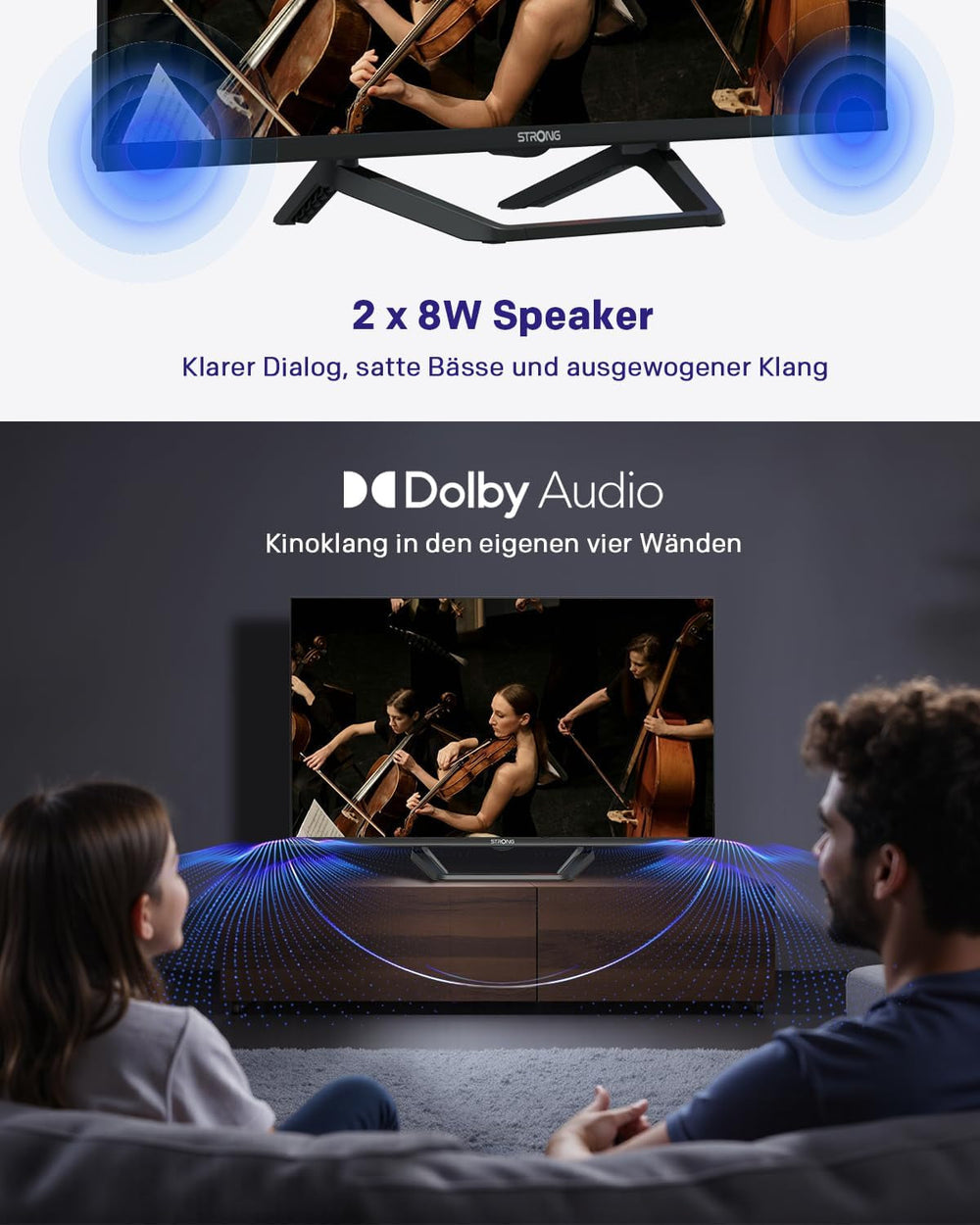 Televizor HD STRONG SRT32HG4723C de 32'' - DVB-S2/C/T2, 12V Ideal pentru autorulote, bucătării, dormitoare, bărci, 2 porturi HDMI + 1 port USB + Mini-AV + conexiune antenă/satelit - Negru