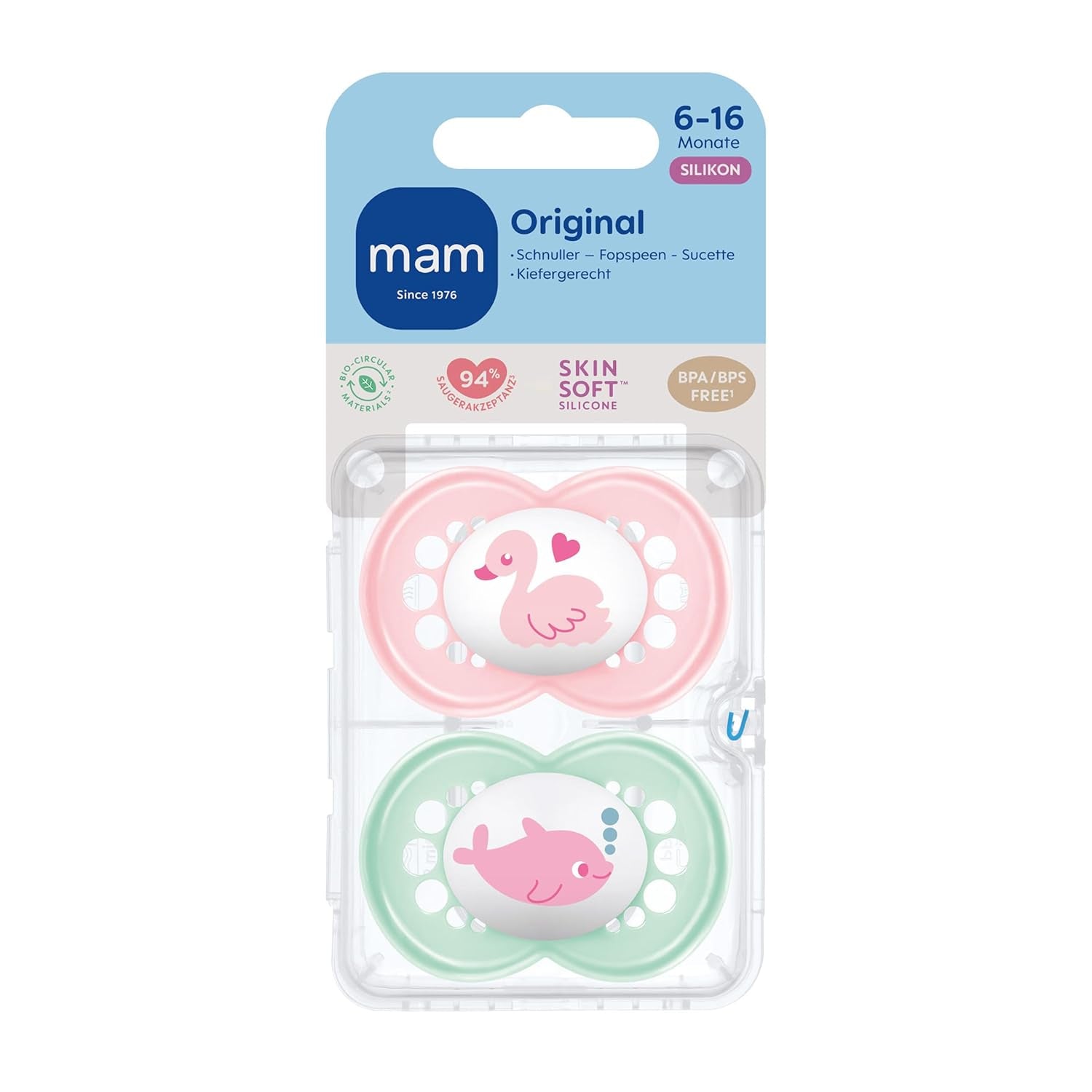 Suzete MAM Originale | 6-16 Luni | Suzete pentru bebeluși | Acceptat de 94% | Potrivit pentru alăptare | Recomandat de moașe | Prietenos cu dinții | Silicon SkinSoft | Lebădă/Delfin | Pachet de 2