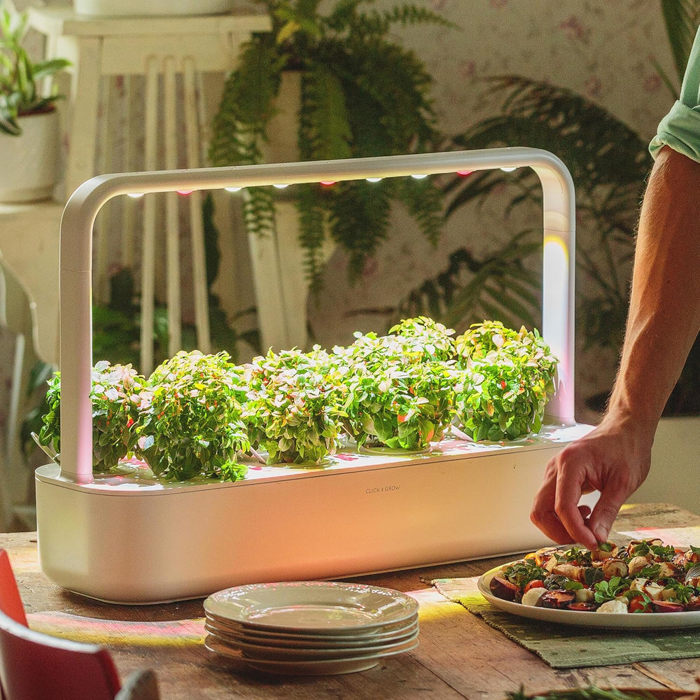 Click and Grow Jardín Interior, Más Fácil que el Sistema de Cultivo Hidropónico, Jardín Inteligente LED, Jardín de Hierbas, Invernadero Interior con 9 Cápsulas Vegetales Incluidas (Blanco)