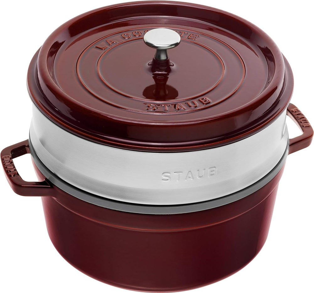STAUB Gusseisen Bräter/Cocotte, Mit Dämpfeinsatz Aus Edelstahl, Rund 26 Cm, 5,2 L, Aromaregen Funktion Für Optimale Befeuchtung, Für Alle Herdarten Inkl. Induktion & Backofen, Kirschrot, Rot Moldes y bandejas para repostería Naty Shop Grenadine