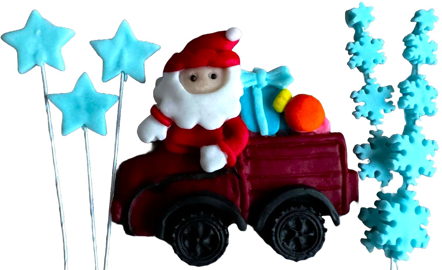 Set 6 decoratiuni comestibile din pasta de zahar, Craciun, masinuta cu Mos Craciun, stelute si fulgi de nea Decoratiuni din Pasta de Zahar Naty Shop