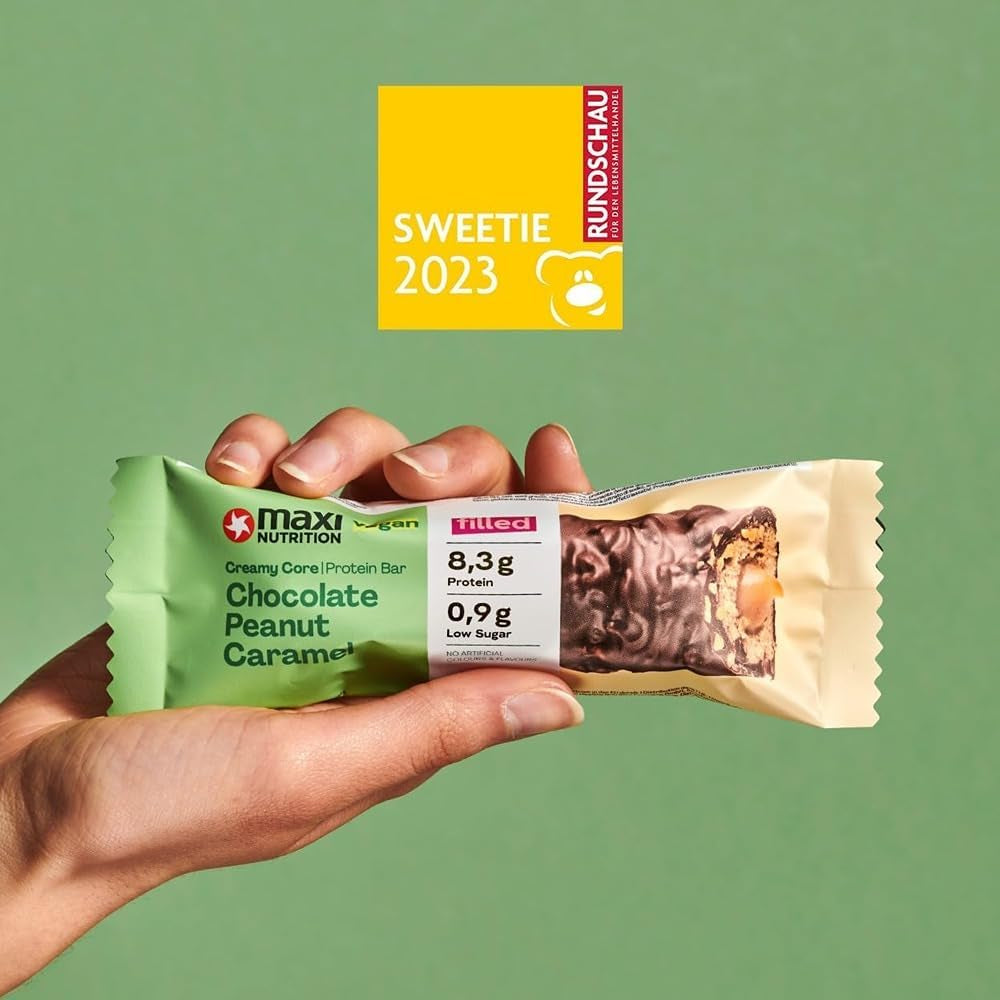 MaxiNutrition Barrita proteica vegana cremosa con chocolate, cacahuetes y caramelo 12x45g - barrita proteica vegana, 18% de proteína, 8,3 g por barrita, bajo contenido en azúcar (0,9 g), sin azúcar añadido, sin aromas artificiales