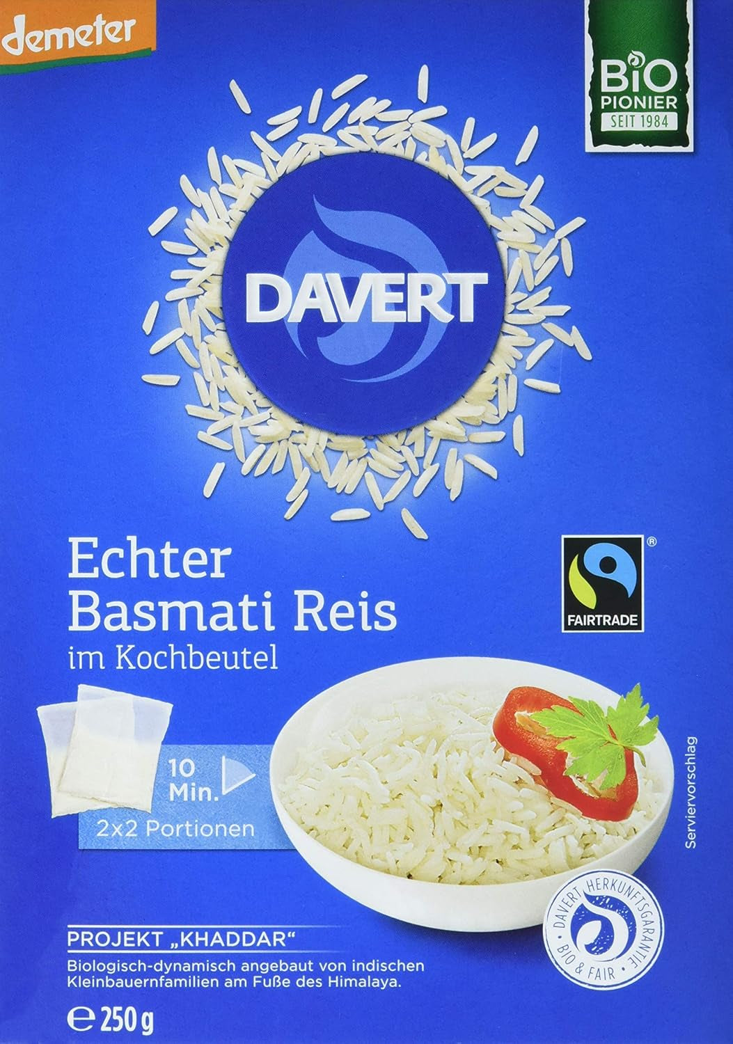 Davert arroz basmati orgánico en bolsas para cocinar, 2 bolsas, 250 g