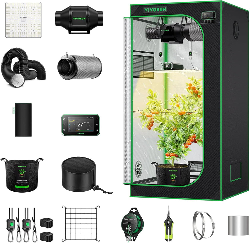 VIVOSUN Smart Grow Tent Full Set 60x60x120cm, sistema de cultivo automático WiFi integrado con luz LED de espectro completo de 100W y sistema de ventilación eficiente con controlador GrowHub E42A+