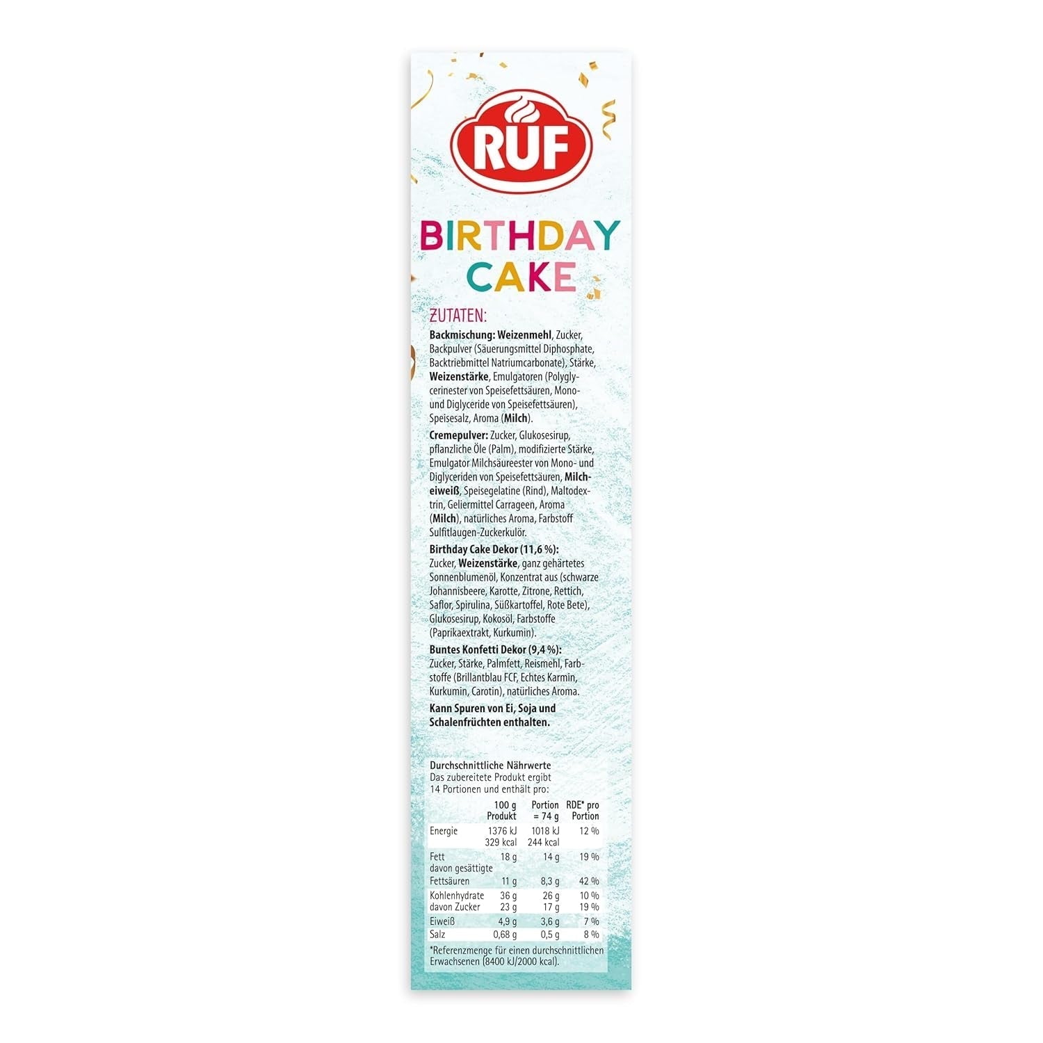 RUF Birthday Cake, Geburtstagskuchen, Schicht-Torte Aus Rührteig Und Konfetti-Streusel, Tortencreme Und Buntem Dekor-Mix, Für Kindergeburtstag, Familienfeier, Einschulung, 1X425G Frostings and Decor Naty Shop