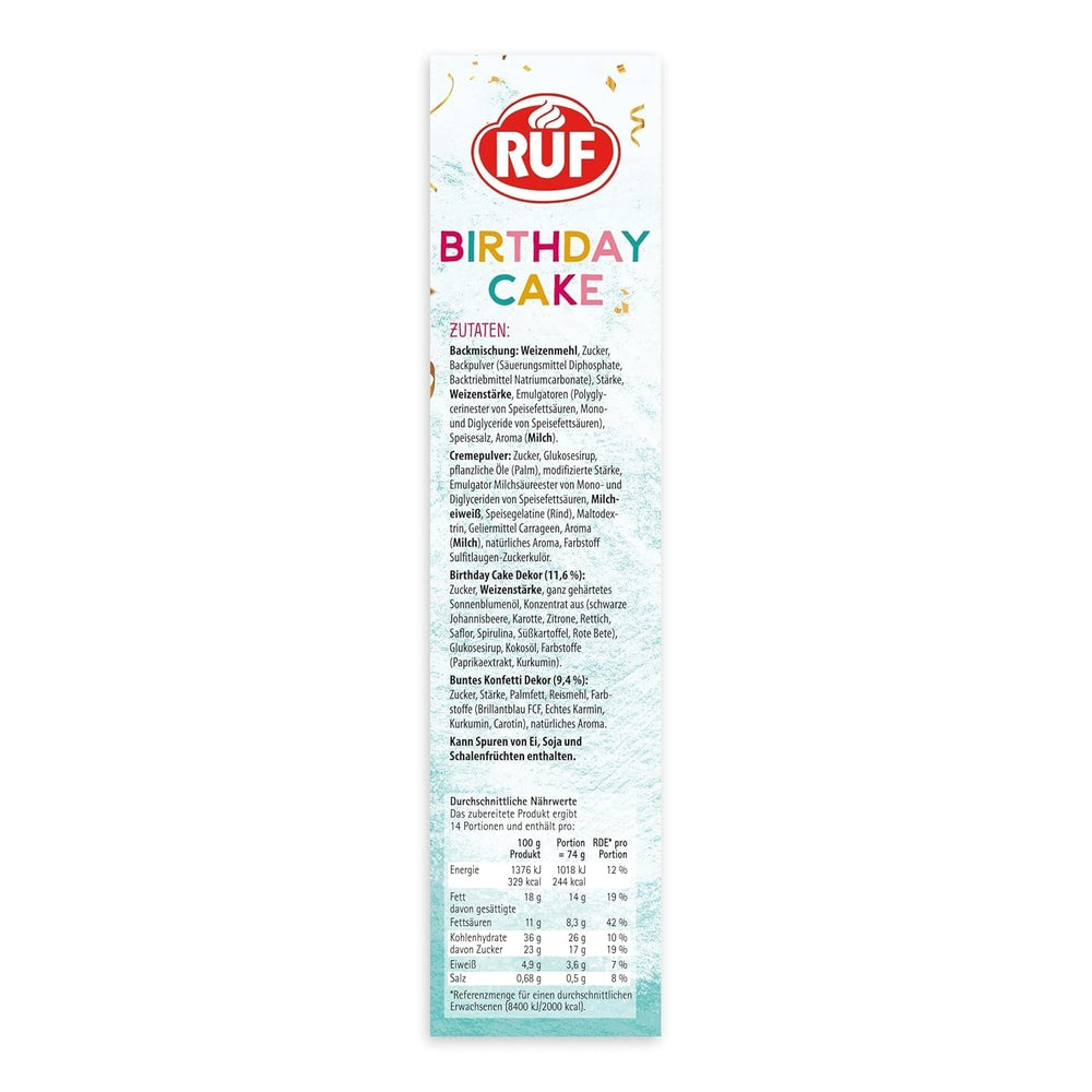 RUF Birthday Cake, Geburtstagskuchen, Schicht-Torte Aus Rührteig Und Konfetti-Streusel, Tortencreme Und Buntem Dekor-Mix, Für Kindergeburtstag, Familienfeier, Einschulung, 1X425G Frostings and Decor Naty Shop