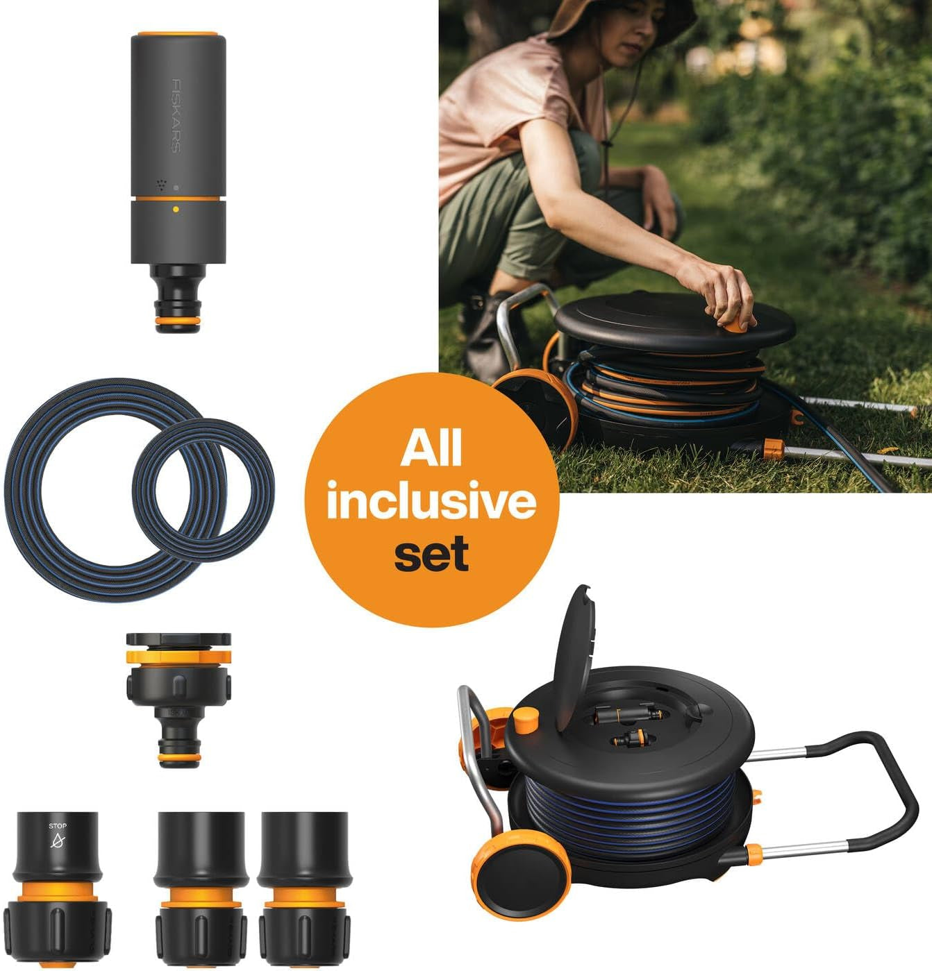 Roată de apă Fiskars Comfort L cu roți, set de udare all-inclusive, rază totală de acțiune de 31,5 m, înfășurare automată, furtun de grădină universal (Ø 13 mm), racord universal pentru robinet, 1071670