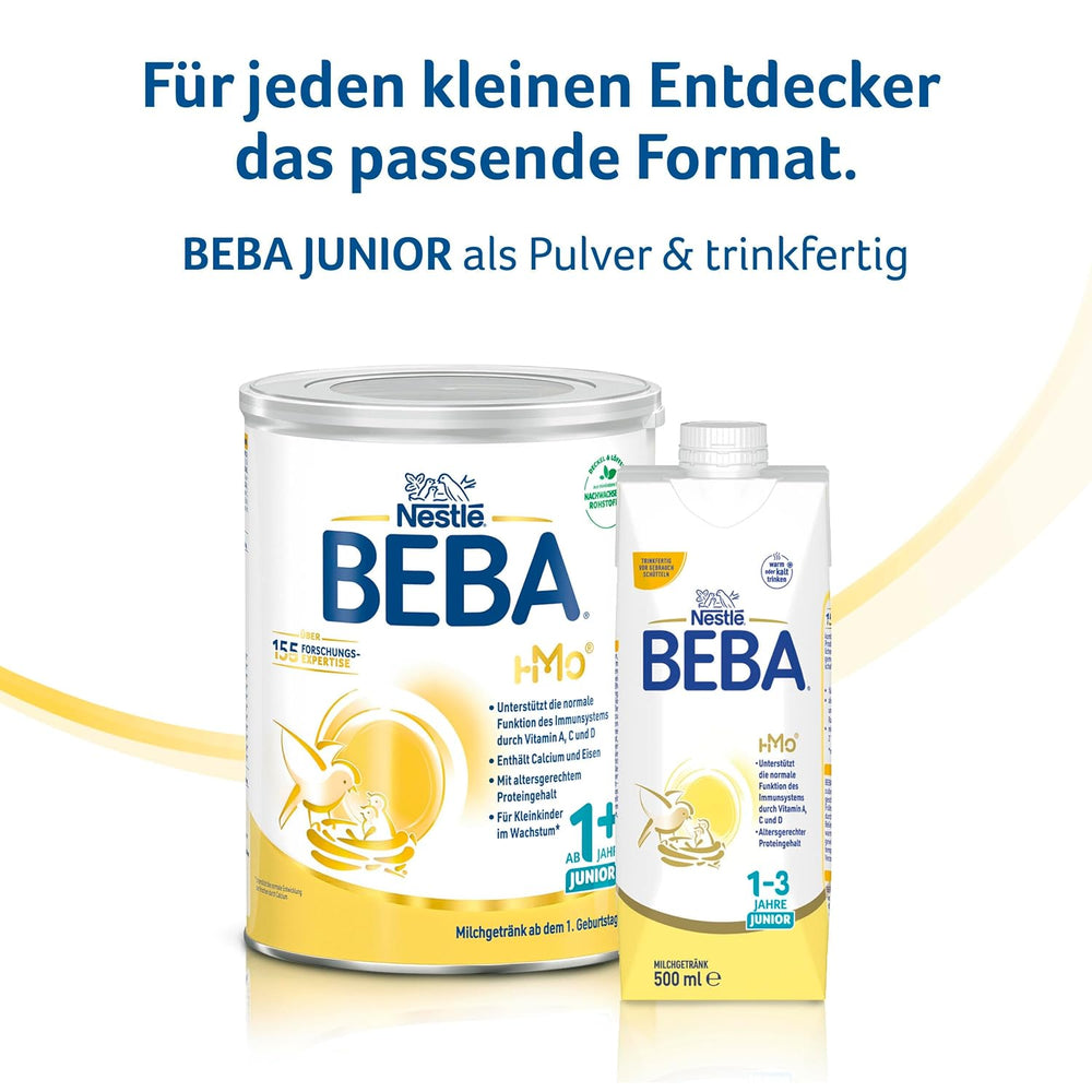 BEBA Bebida de leche lista para beber para niños de 1 a 3 años, con HMO, contenido de proteínas apropiado para la edad, sin aceite de palma, sin aceite de pescado, comida para niños pequeños, paquete de 12 (12 x 500 ml)