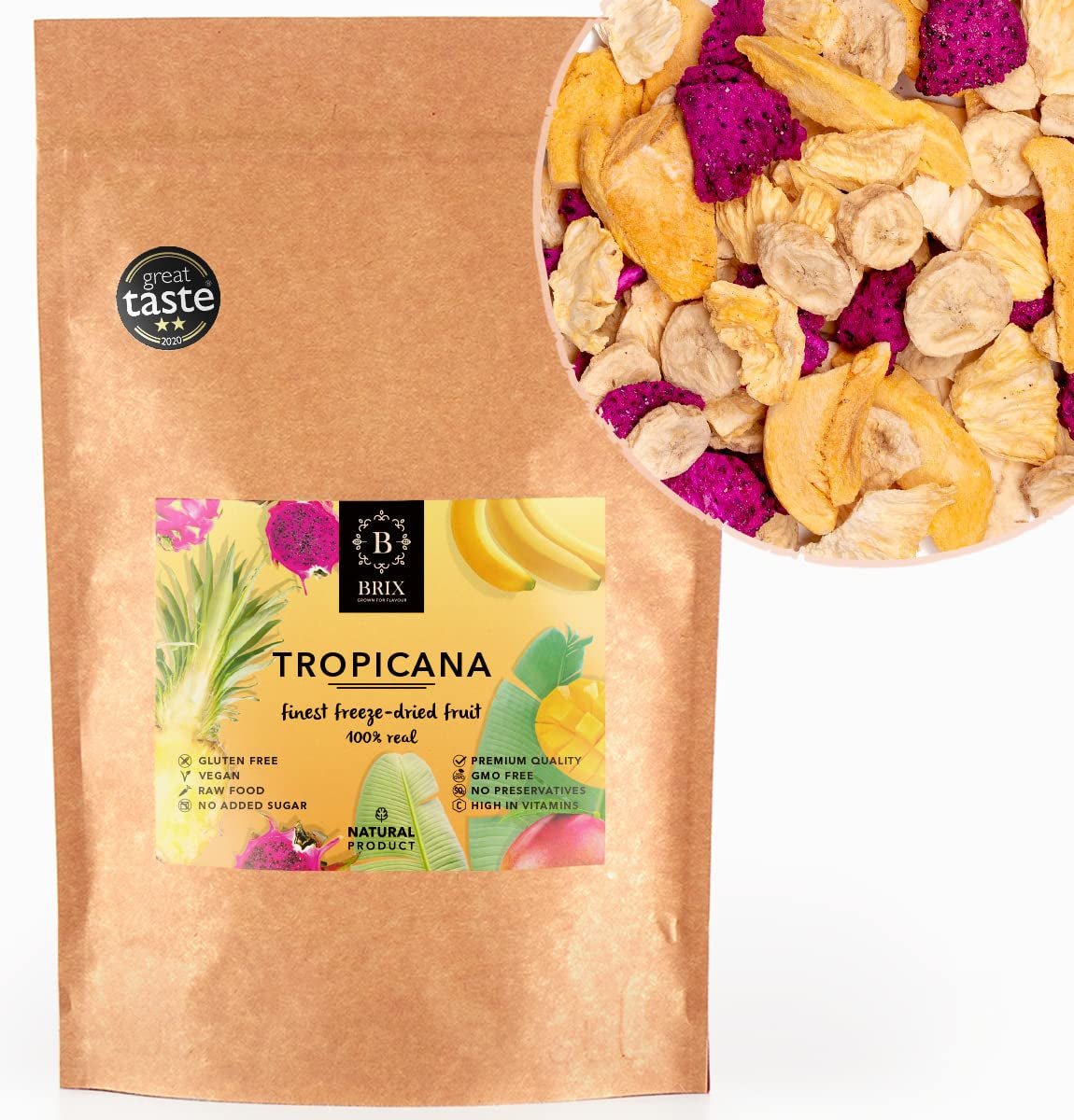 Fructe liofilizate BRIX | Amestec natural, uscat, de fructe tropicale 80 g | Premiul Great Taste pentru fructe uscate | Fără OMG, fără gluten, vegan, vitaminele sunt păstrate Produse deshidratate Naty Shop Titlu implicit