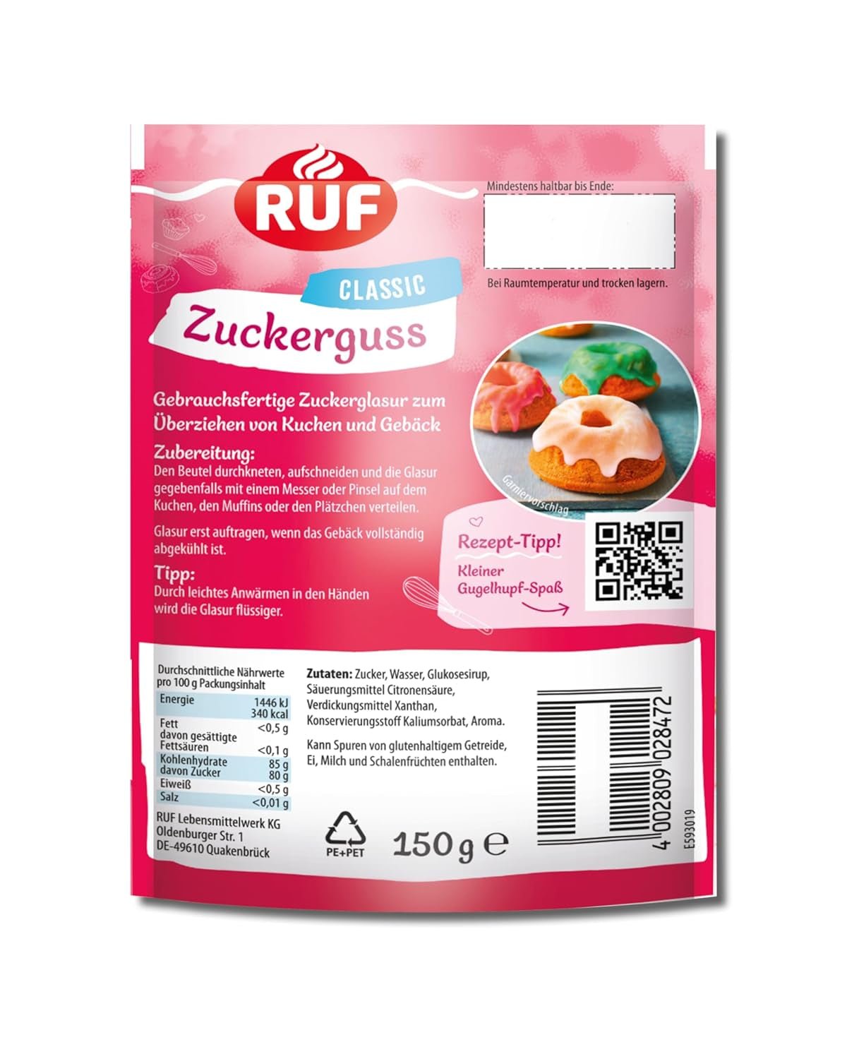 Glazură RUF gata de utilizare, poate fi folosită imediat fără amestecare, glazură pentru biscuiți și prăjituri, ca glazură de zahăr de bază sau pentru colorare și aromatizare, 1 x 150g (pachet de 4) Pasta de zahar Naty Shop