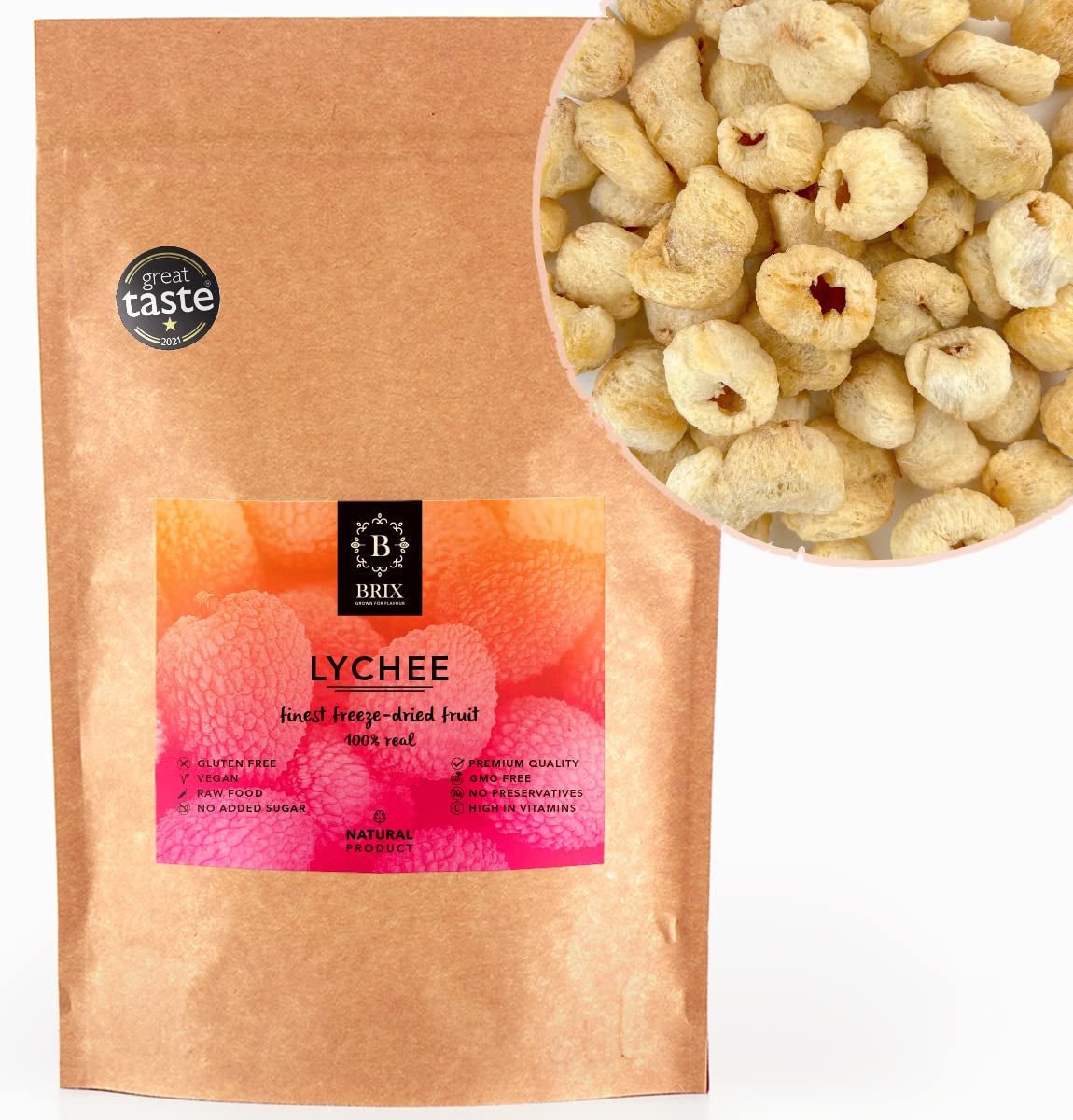 Lichi uscat BRIX | Lichi natural, uscat 95 g | Premiul Great Taste pentru fructe uscate | Fără OMG, fără gluten, vegan, vitamine conservate Produse deshidratate Naty Shop Titlu implicit