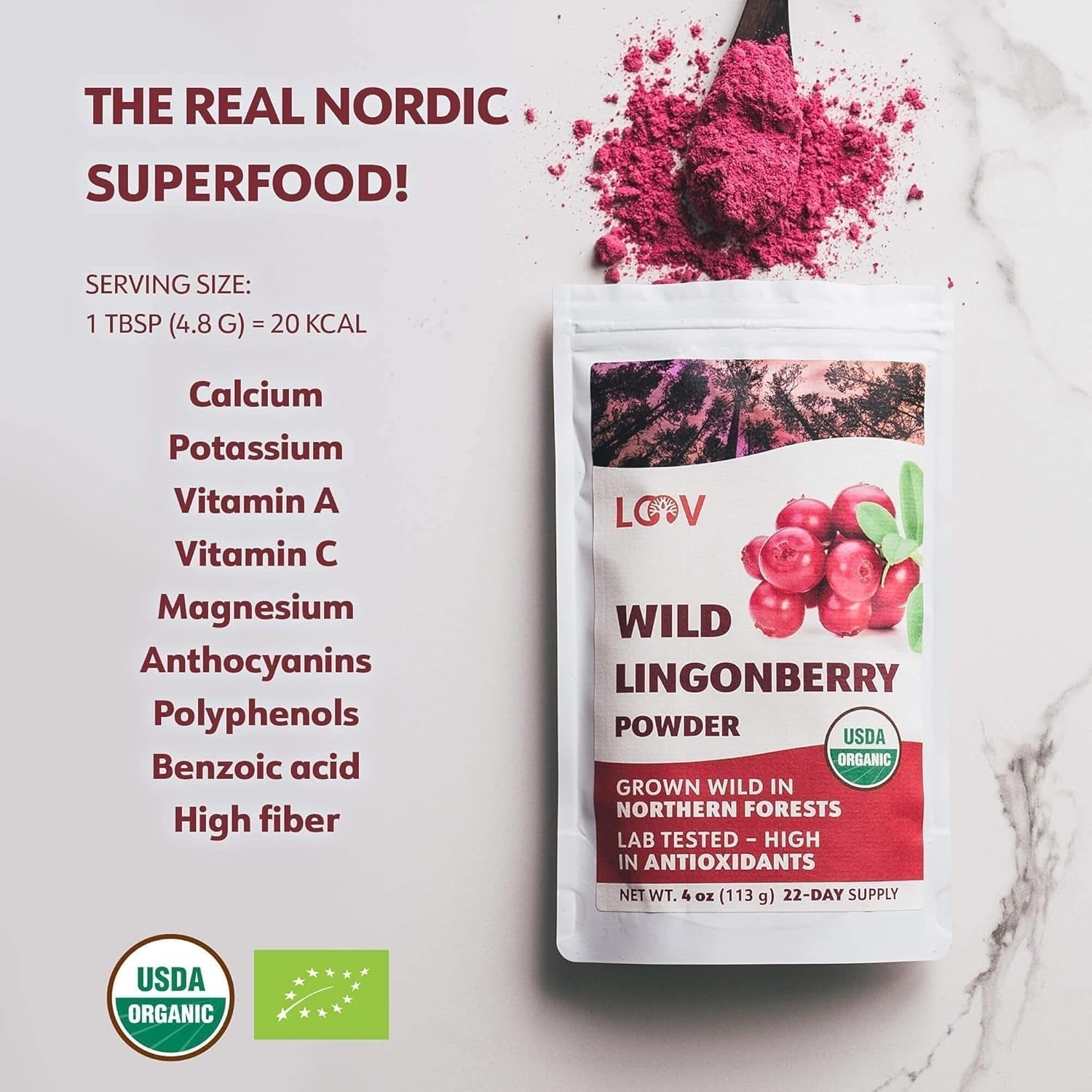 LOOV pulbere organică de afine, fabricată din afine sălbatice 100% întregi, liofilizate, recoltate în pădurile din nordul Europei, 113 g, fără zahăr adăugat Produse deshidratate Naty Shop