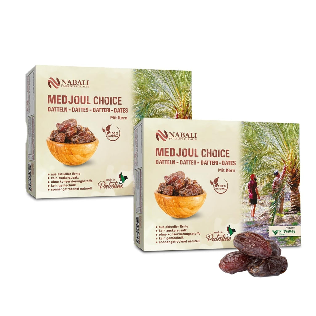 NABALI FAIRKOST FOR ALL Medjoul - Medjool Dates Choice I - 100% natural aromat proaspăt oriental moale I dulce ca mierea și caramelizat I Origine: Palestina I (1x1KG) Produse deshidratate Naty Shop 2 kg (1 pachet)