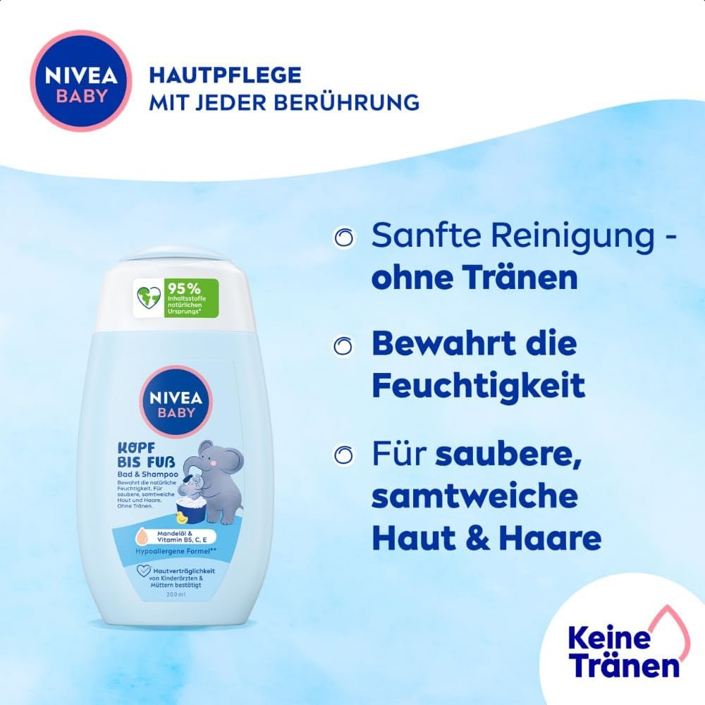 NIVEA BABY head to toe bath & shampoo, șampon blând vegan pentru copii pentru piele și păr cu ulei de migdale, gel de duș relaxant cu formulă hipoalergenică fără parabeni și microplastice (200 ml) Copii - Baie si Skincare Naty Shop