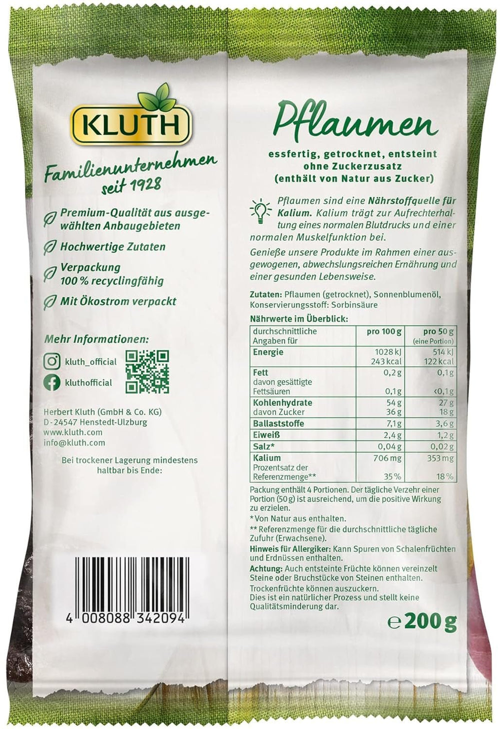 Prune cu sâmburi 200g - Aromate, fructate și dulci în mod natural - Vegane, nesulfurate, fără sâmburi și fără zahăr adăugat - Nutri-Score A (1 x 200g) Produse deshidratate Naty Shop