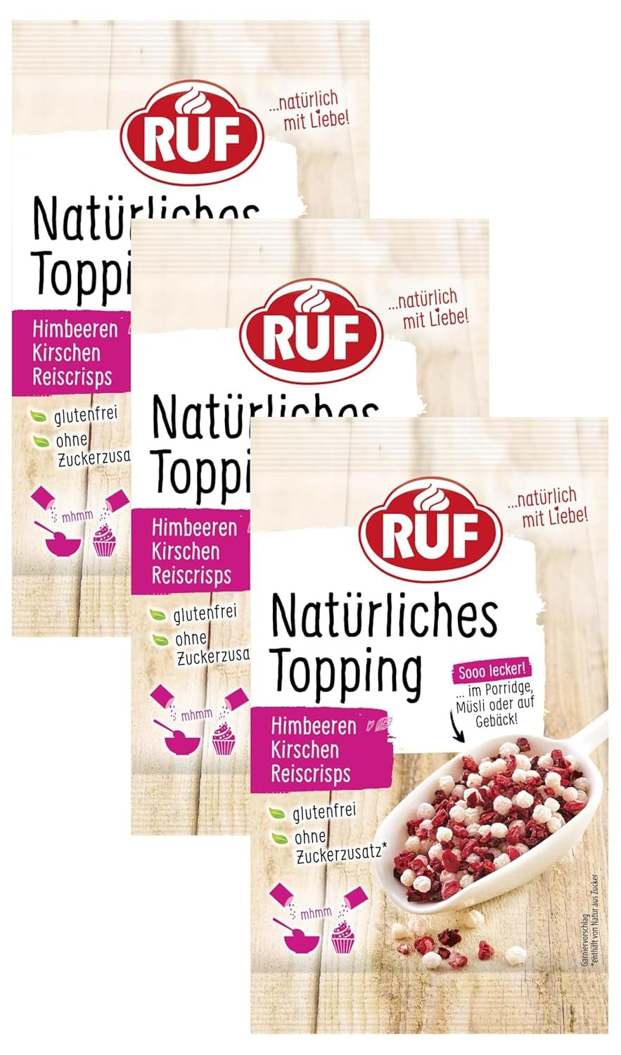 RUF Topping natural cu zmeură, cireșe, chipsuri de orez, fără aditivi artificiali, amestec de fructe pentru terci și produse de patiserie, fără gluten, vegan, 15g (pachet de 3) Produse deshidratate Naty Shop 15 G (pachet de 3) Fructe