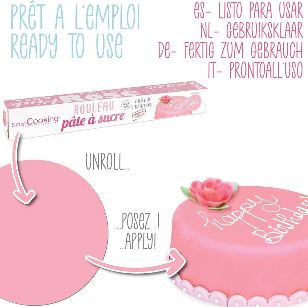 ScrapCooking - Roll fondant roz â'¬ 36 cm - Fondant negru rulat 430 g - Cake topper decorare topper fondant pentru prăjituri, coacere, aniversări, petreceri - Roz - 7264 Pasta de zahar Naty Shop