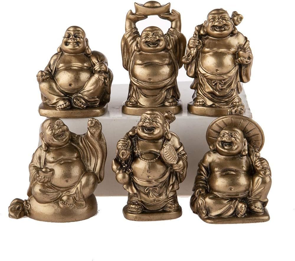 Set de 6 statuete Buddha râzând - Statuete Buddha mici - Sănătate, bogăție, înțelepciune, noroc - Feng Shui farmec norocos decorațiuni pentru casă - idee cadou Decorațiuni Zen Asia Statuete si sculpturi Naty Shop Cifre aurii