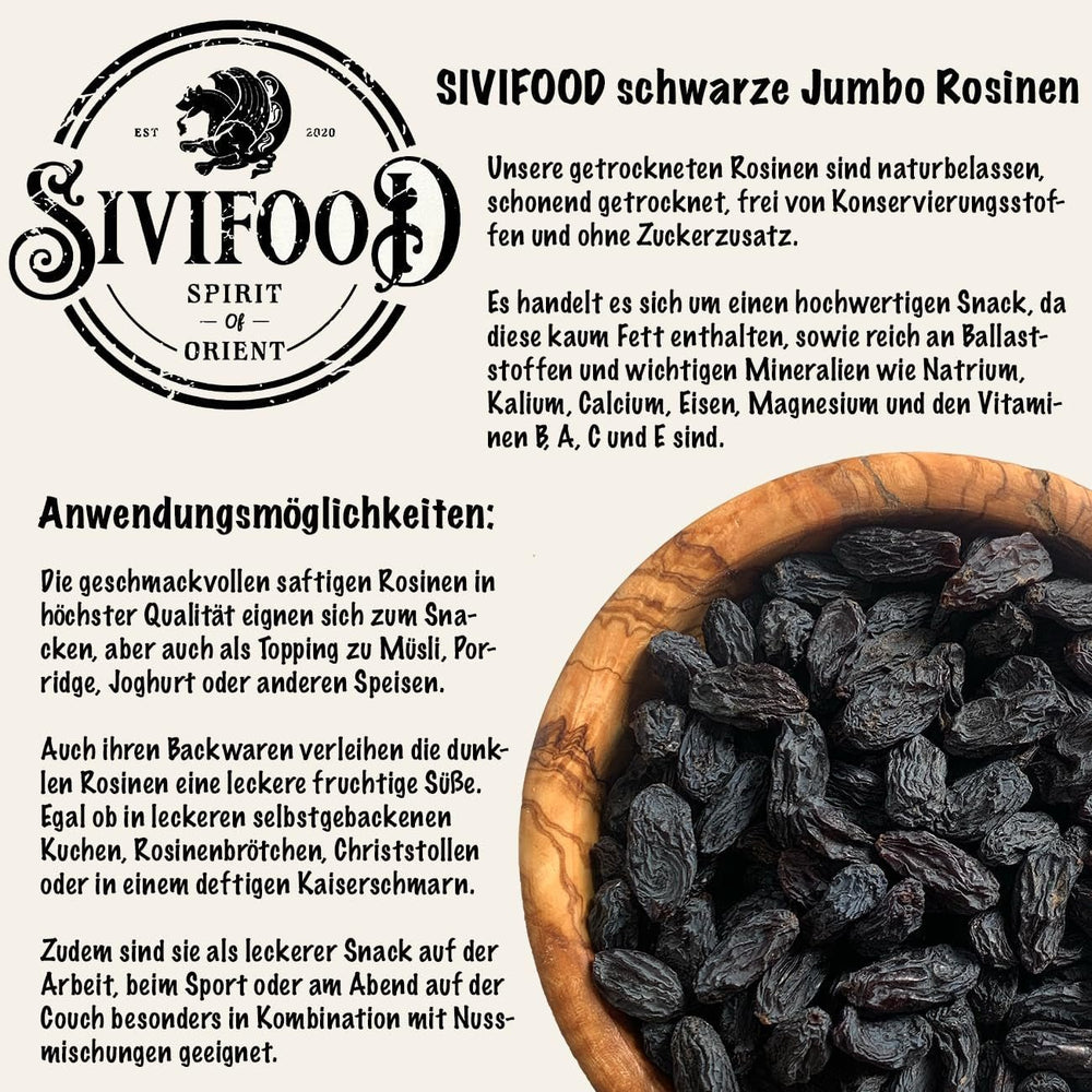 SIVIFOOD sultane negre jumbo 300g - sultane negre mari și delicioase de calitate superioară, uscate în mod natural struguri dulci fructiferi nesulfurați neîndulciți neîndulciți fără ulei fără aditivi Kishmish Produse deshidratate Naty Shop