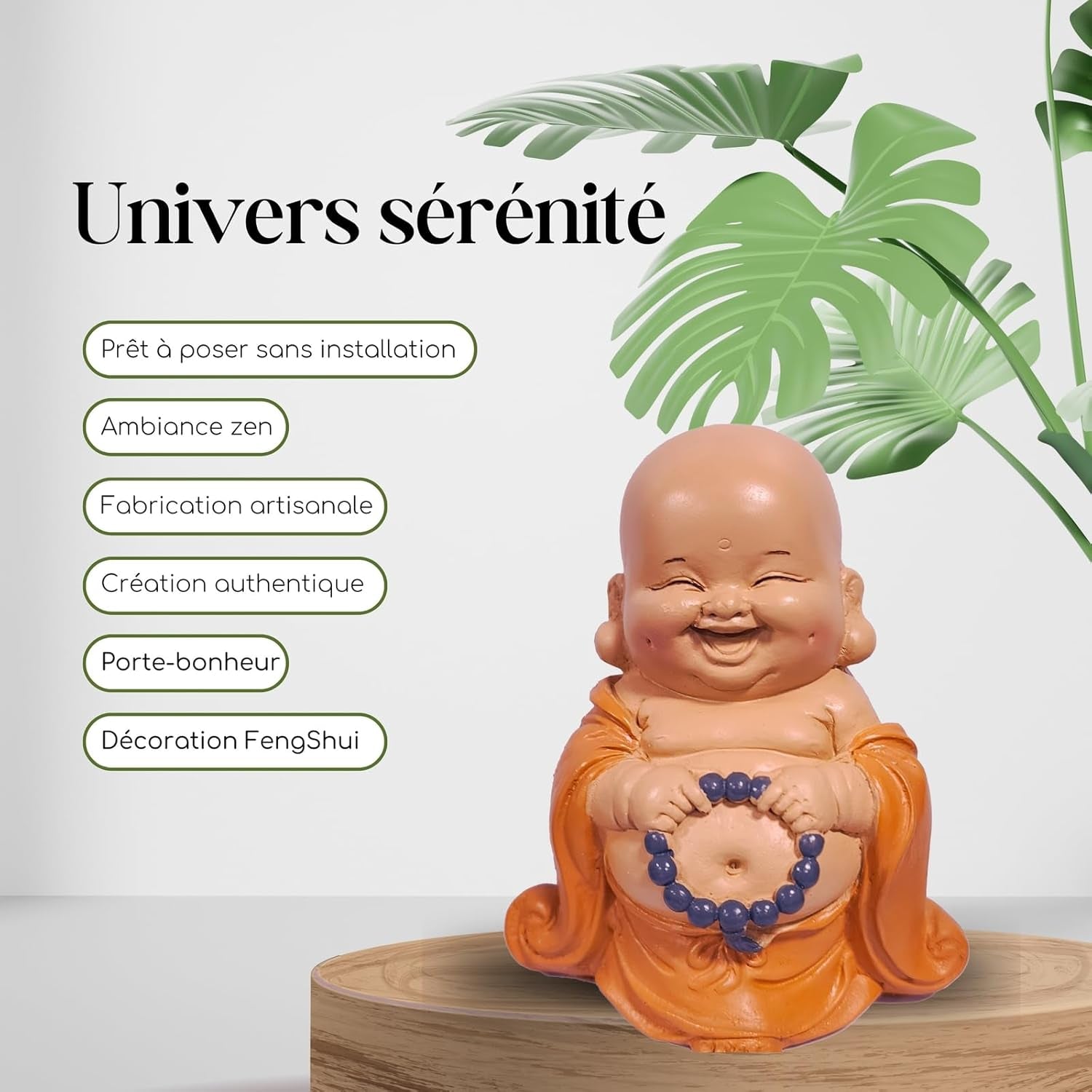 Statuetă Buddha râzând cu rozariu - Figurină inspirată și veselă - Talisman norocos plin de pozitivitate - Idee de cadou drăguță și spirituală - -H 10 cm - Zen'Light Statuete si sculpturi Naty Shop