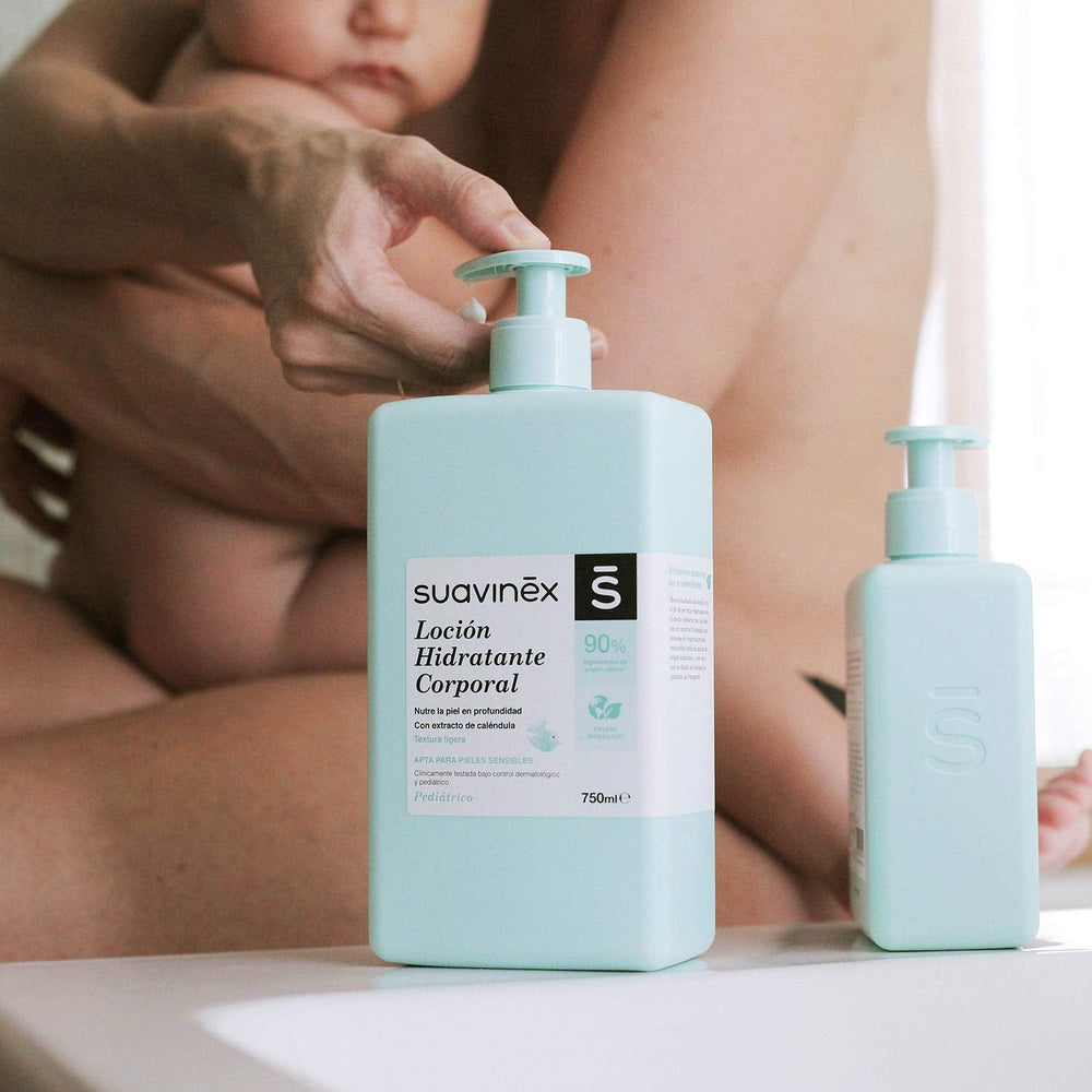 Suavinex, Syndet șampon pentru copii pentru piele și păr, fără săpun, 750 ml + loțiune hidratantă pentru corp, 750 ml, potrivit pentru pielea sensibilă și nou-născut, cu 90%-93% ingrediente naturale. Copii - Baie si Skincare Naty Shop