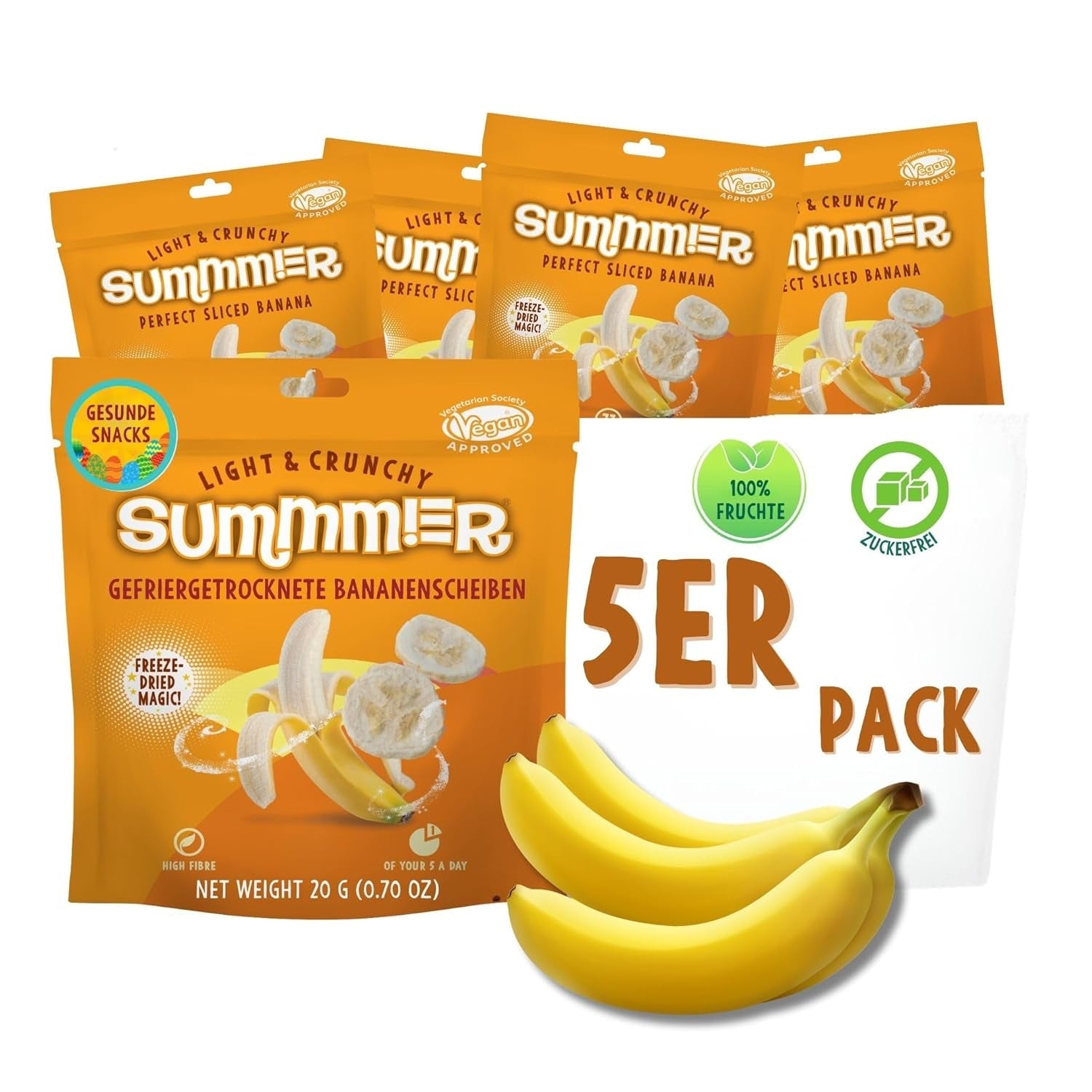 Summmer căpșuni liofilizate - pachet de 5 - fără zahăr, 100% naturale, delicioase gustări crocante pentru copii și adulți, ideale pentru cereale și cutii de prânz (55g) Produse deshidratate Naty Shop Pachet de 5 Banană