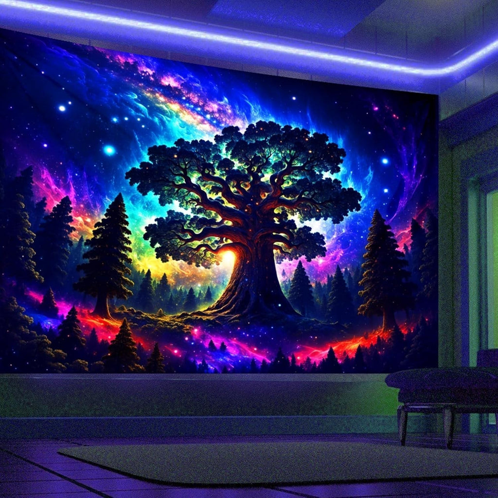 Tapiserie blacklight forest psychedelic nature tree stars galaxy Casa - Accesorii si Decoratiuni Naty Shop 200L X 150B Cm