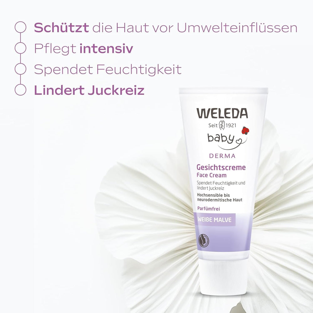WELEDA Organic Baby Derma White Mallow Face Cream, cremă hidratantă pentru pielea foarte sensibilă și neurodermitică, cosmetice naturale pentru îngrijire intensivă și ameliorarea mâncărimii (1 x 50 ml) Copii - Baie si Skincare Naty Shop
