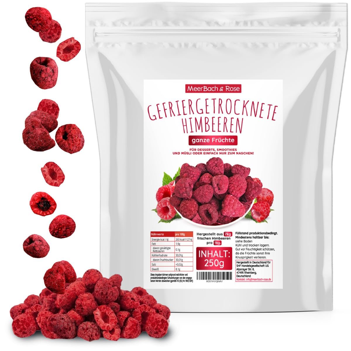 Zmeură liofilizată, FĂRĂ produse chinezești, 500g fructe întregi liofilizate, fără aditivi, fructate, fabricate în Germania Produse deshidratate Naty Shop 250G